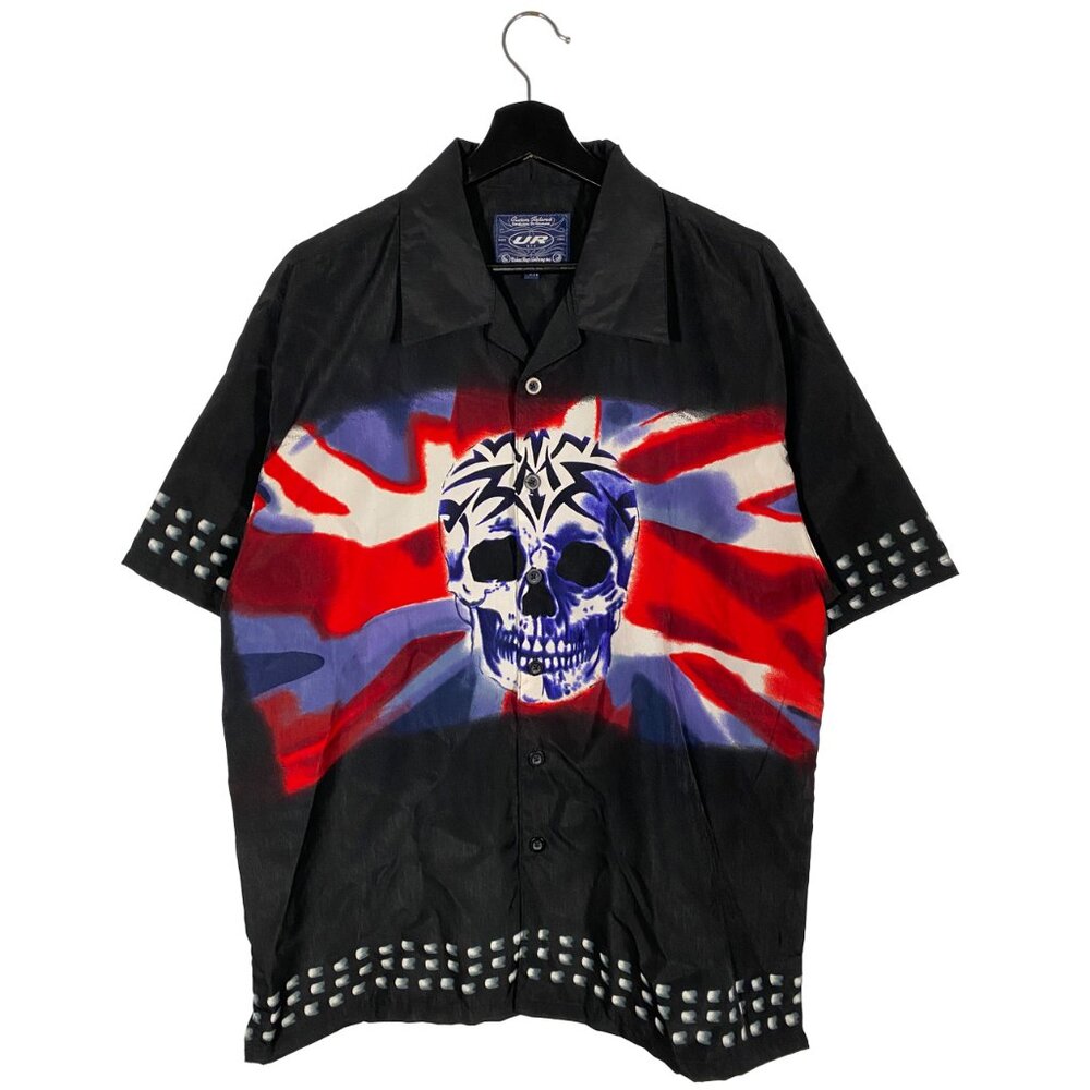 Vintage Y2K Union Jack Tribal Skull Oversized camp collar shirt mens size medium